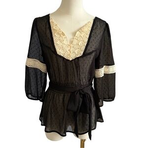 Y2K Candie's Black Fairy Sheer Peplum Blouse with Cream Lace Trim Medium